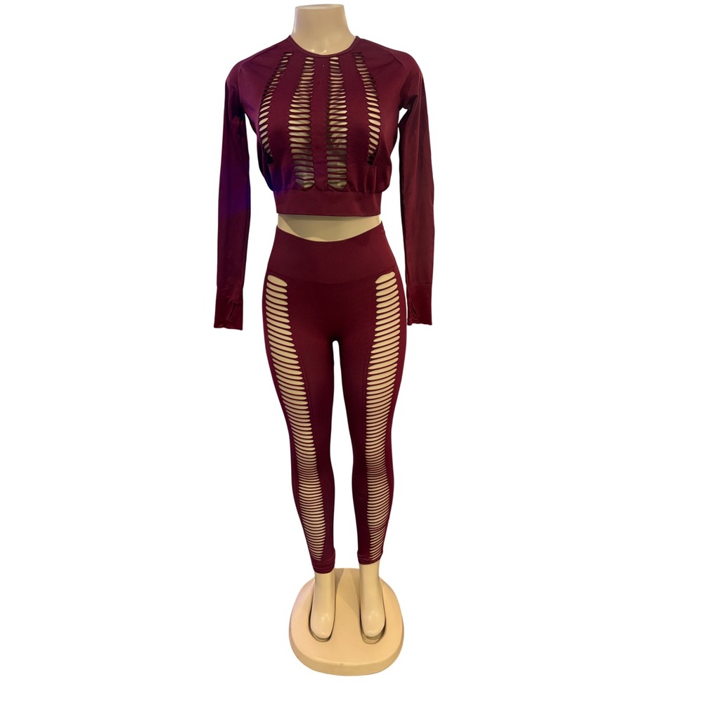Nova Sport Burgundy Cut Out Activewear Set Crop Top M Leggings S